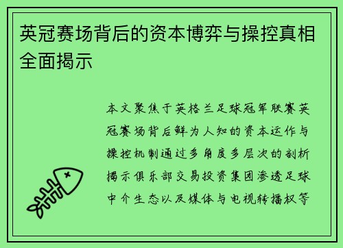 英冠赛场背后的资本博弈与操控真相全面揭示 英冠赛场背后的资本博弈与操控真相全面揭示