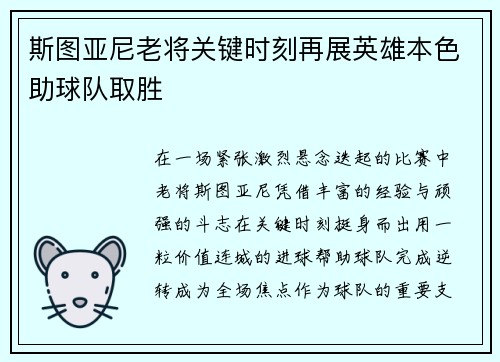 斯图亚尼老将关键时刻再展英雄本色助球队取胜